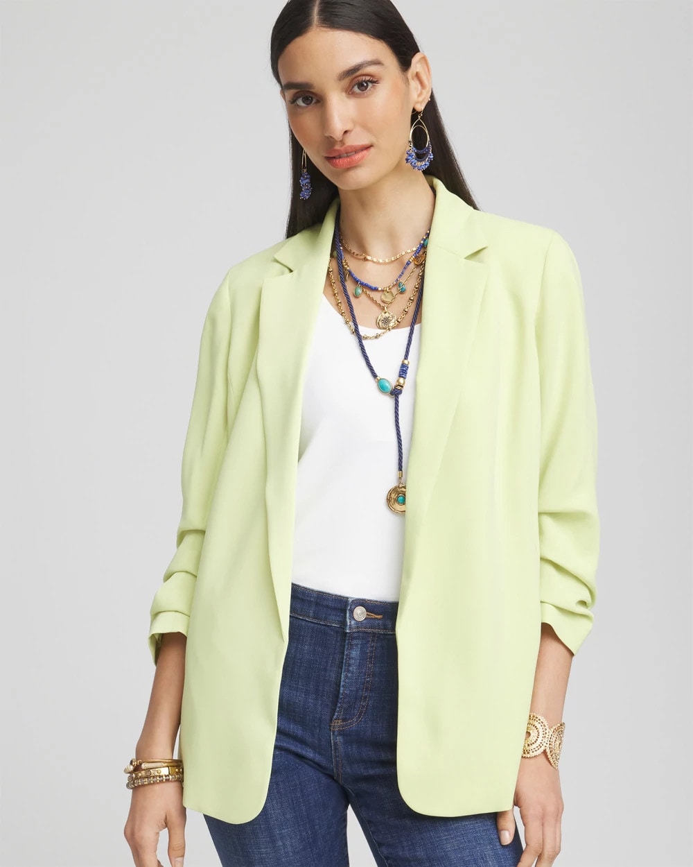 Notched-Lapel Ruched Sleeve Blazer Frozen Lime - Chico's