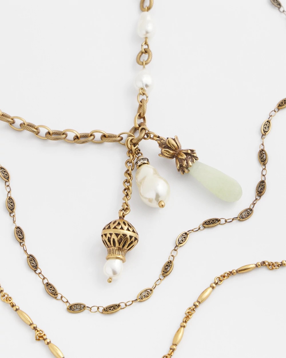 Convertible Multi-Strand Jade & Faux Pearl Charm Necklace White/Gold - Chico's