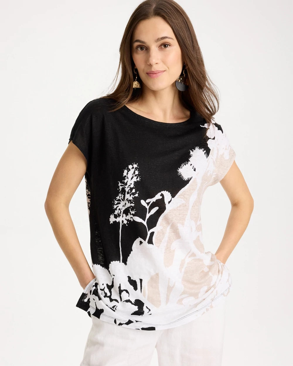 Linen Floral Seamed Tunic Black - Chico's