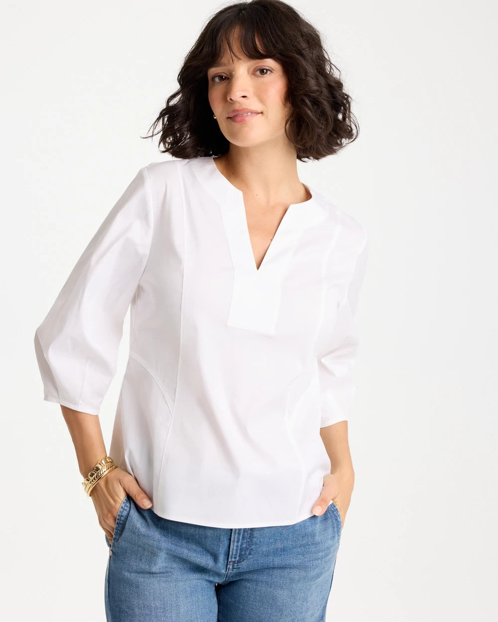 Poplin Cotton 3/4 Sleeve Popover Alabaster - Chico's