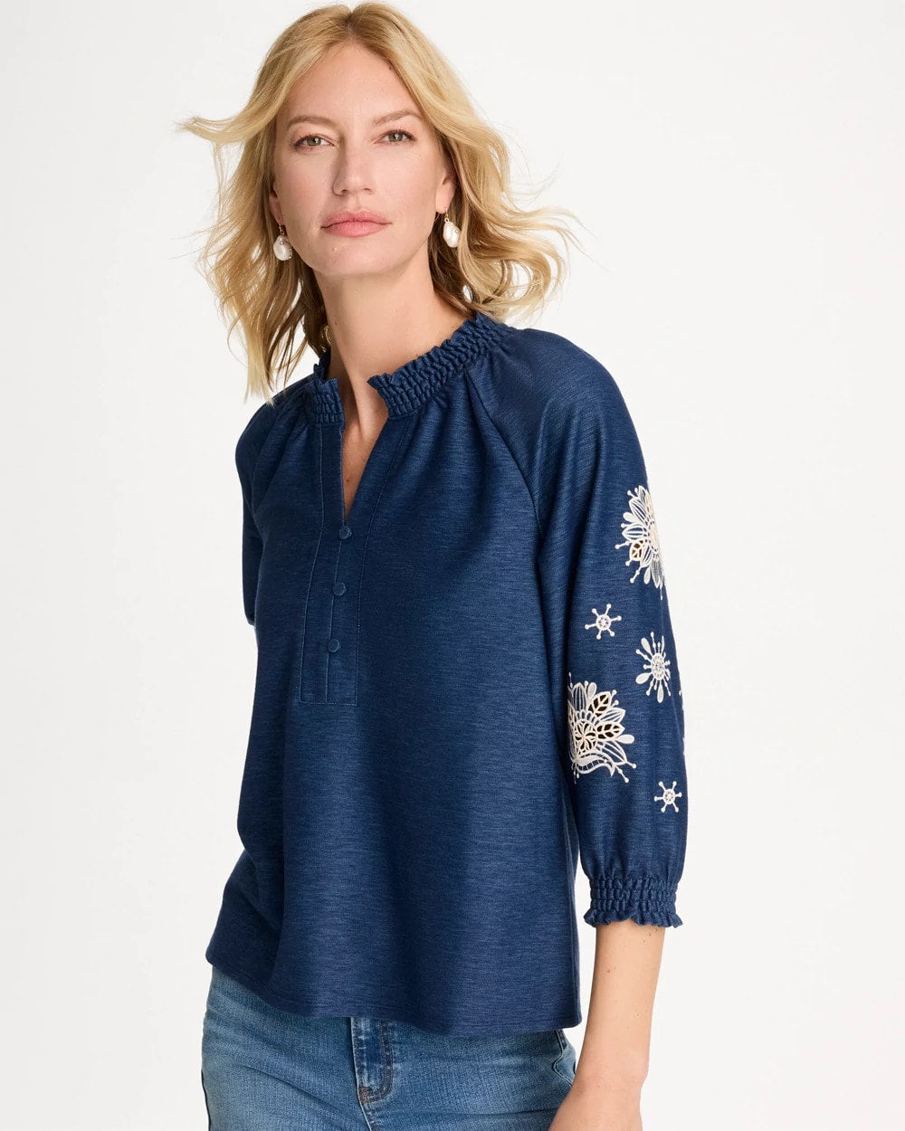Embroidered Denim Henley Tee Passport Blue - Chico's