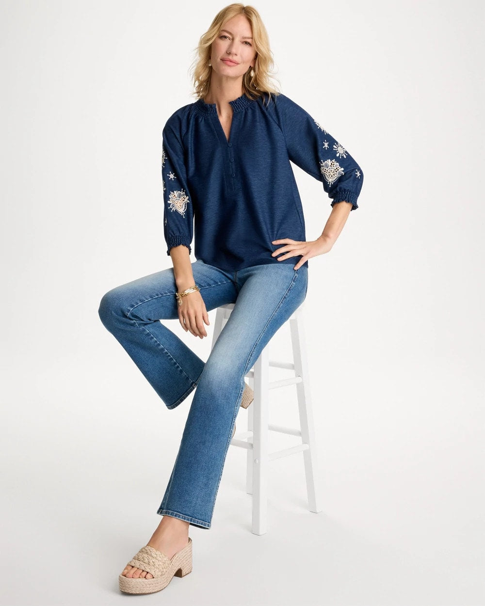 Embroidered Denim Henley Tee Passport Blue - Chico's