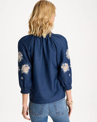 Embroidered Denim Henley Tee Passport Blue - Chico's