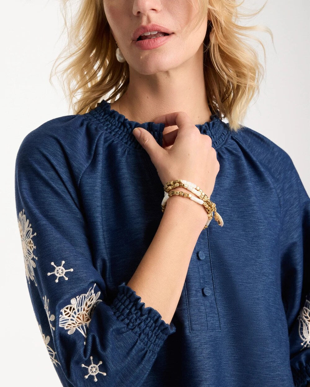 Embroidered Denim Henley Tee Passport Blue - Chico's