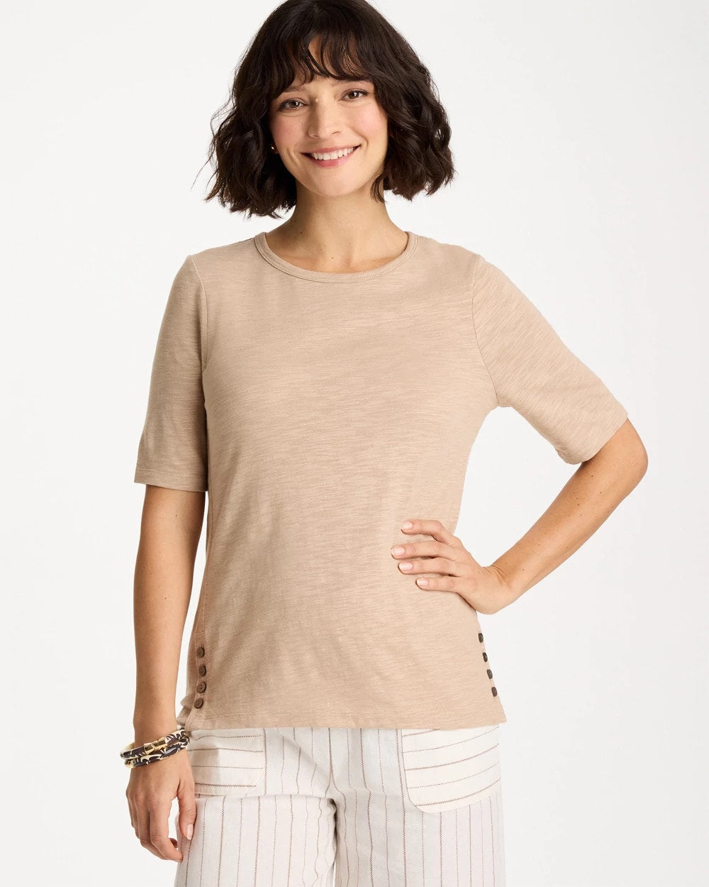 Foil Print Cotton Slub Elbow-Sleeve Tee Mocha Mousse - Chico's