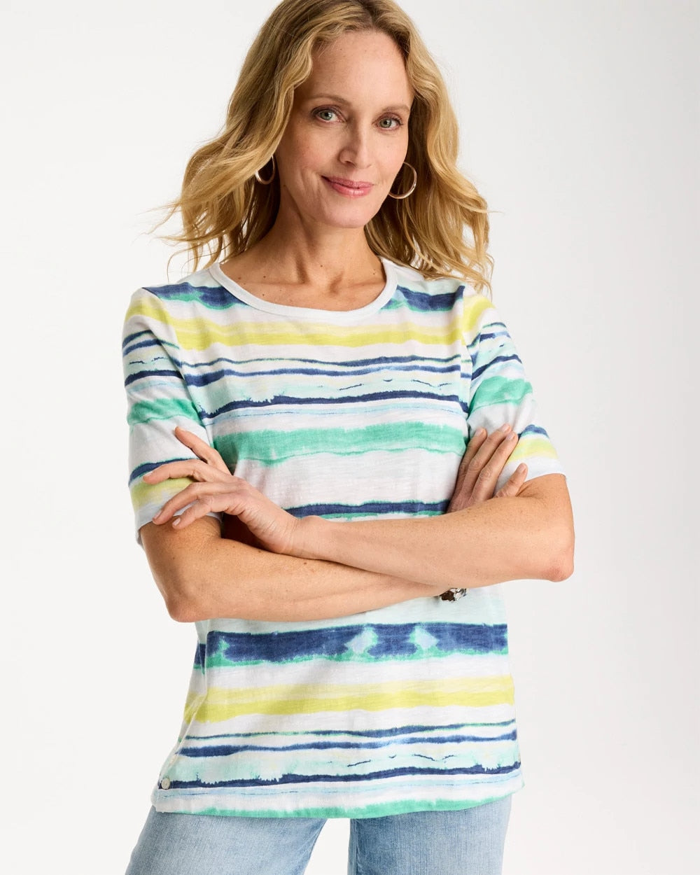 Striped Cotton Slub Elbow-Sleeve Tee Sage Lime - Chico's