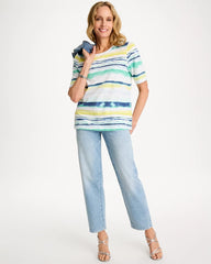 Striped Cotton Slub Elbow-Sleeve Tee Sage Lime - Chico's