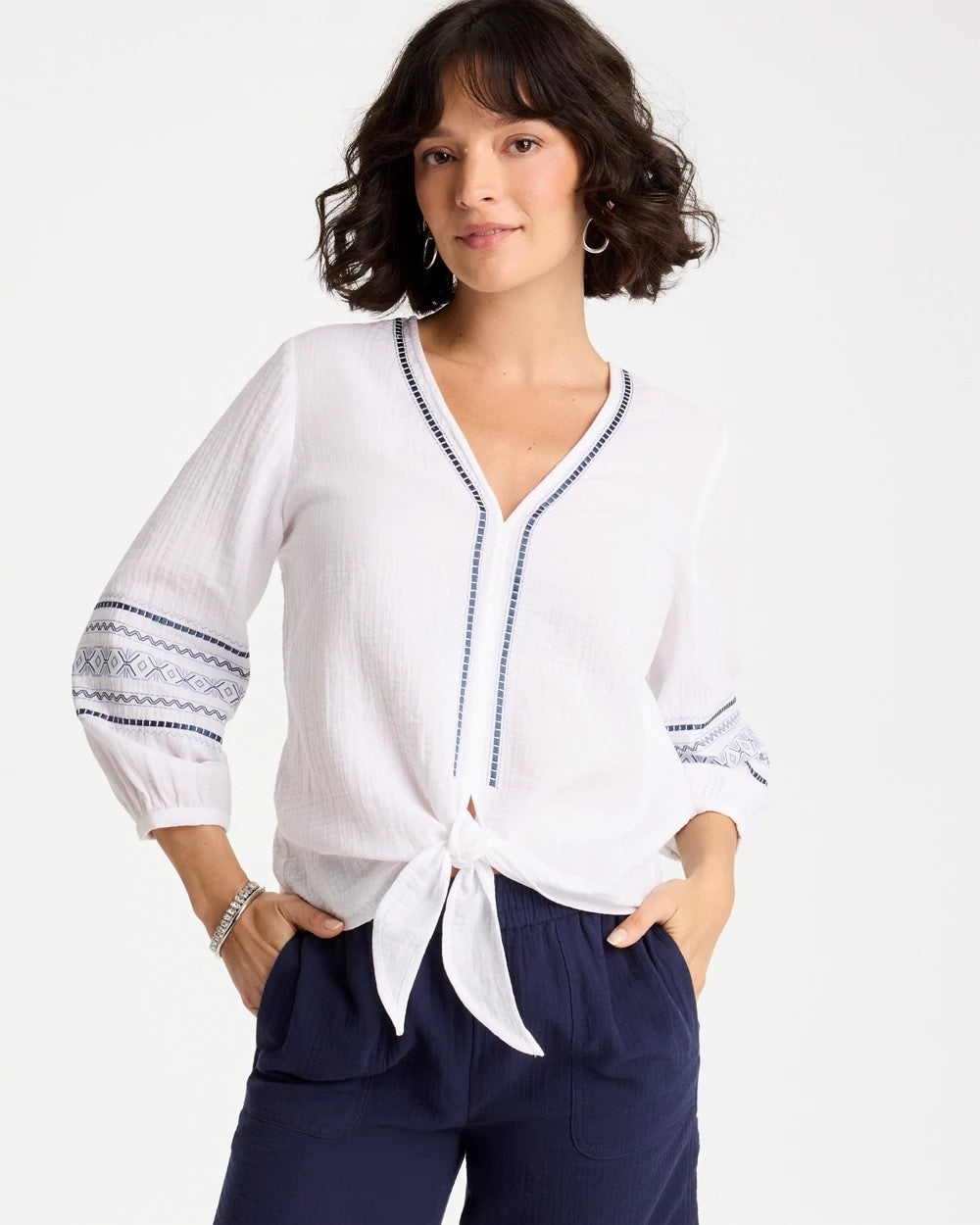 Cotton Gauze Embroidered Tie-Front Blouse Alabaster - Chico's
