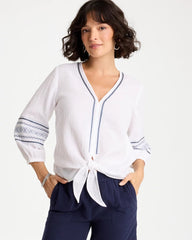 Cotton Gauze Embroidered Tie-Front Blouse Alabaster - Chico's