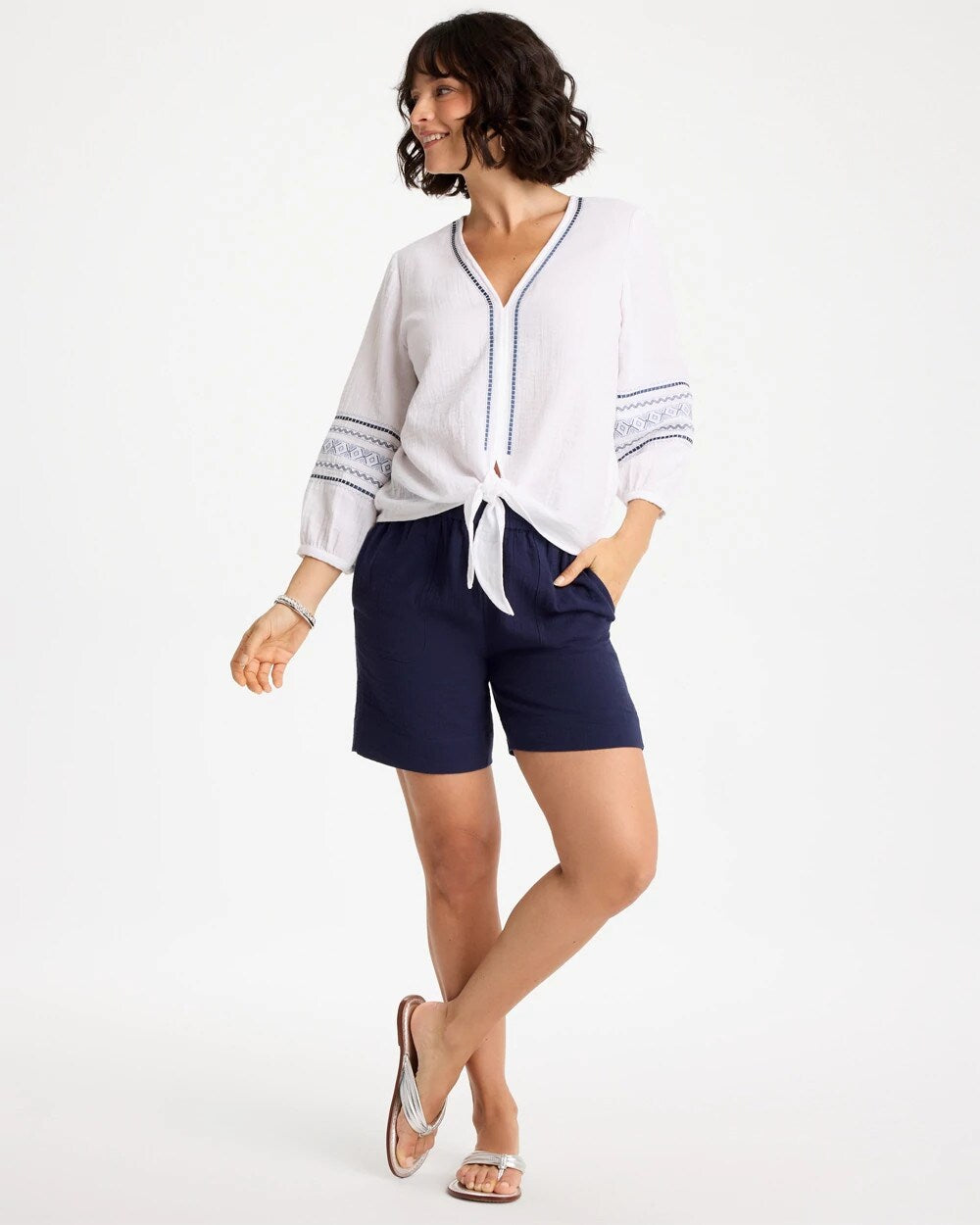 Cotton Gauze Embroidered Tie-Front Blouse Alabaster - Chico's