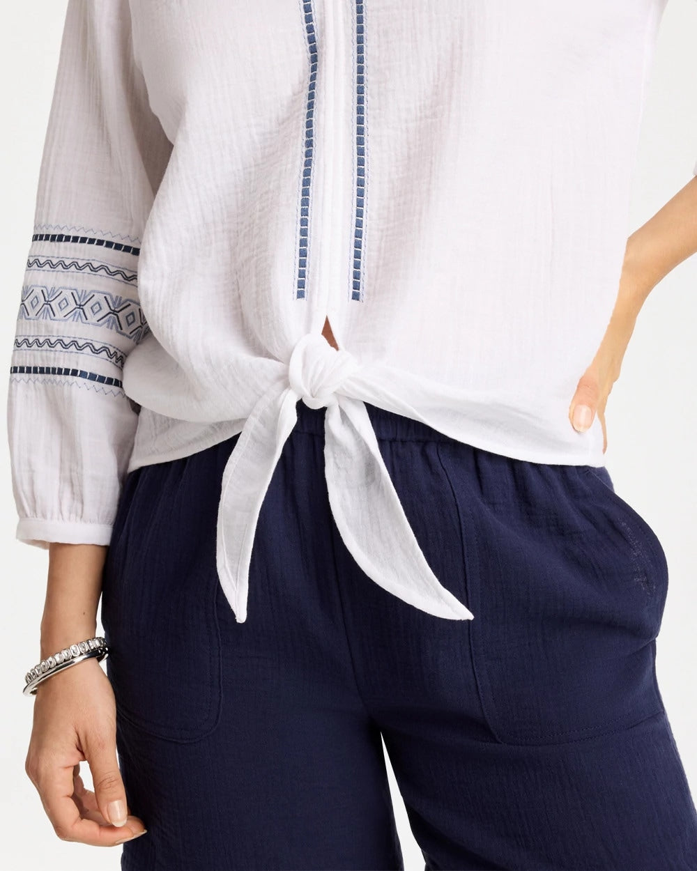 Cotton Gauze Embroidered Tie-Front Blouse Alabaster - Chico's