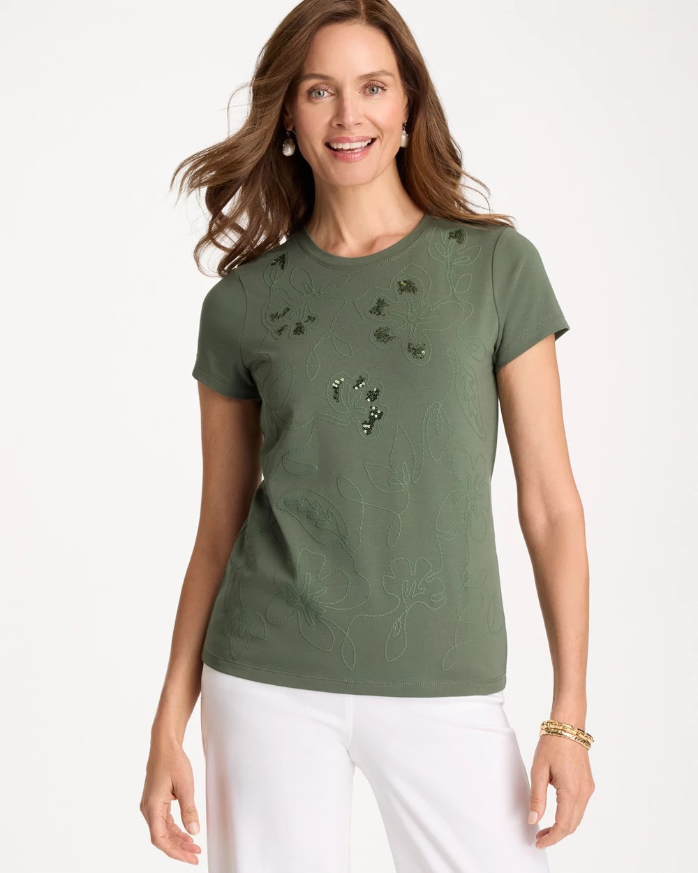 Embellished Cotton Stretch Cap-Sleeve Tee Kelp Forest - Chico's
