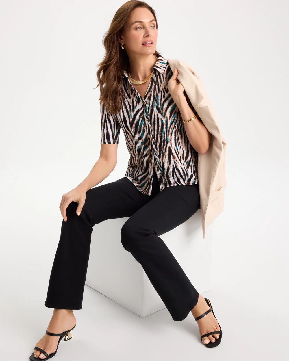 Tiger Print Textured Camp Tee Lagoon Blue - Chico's