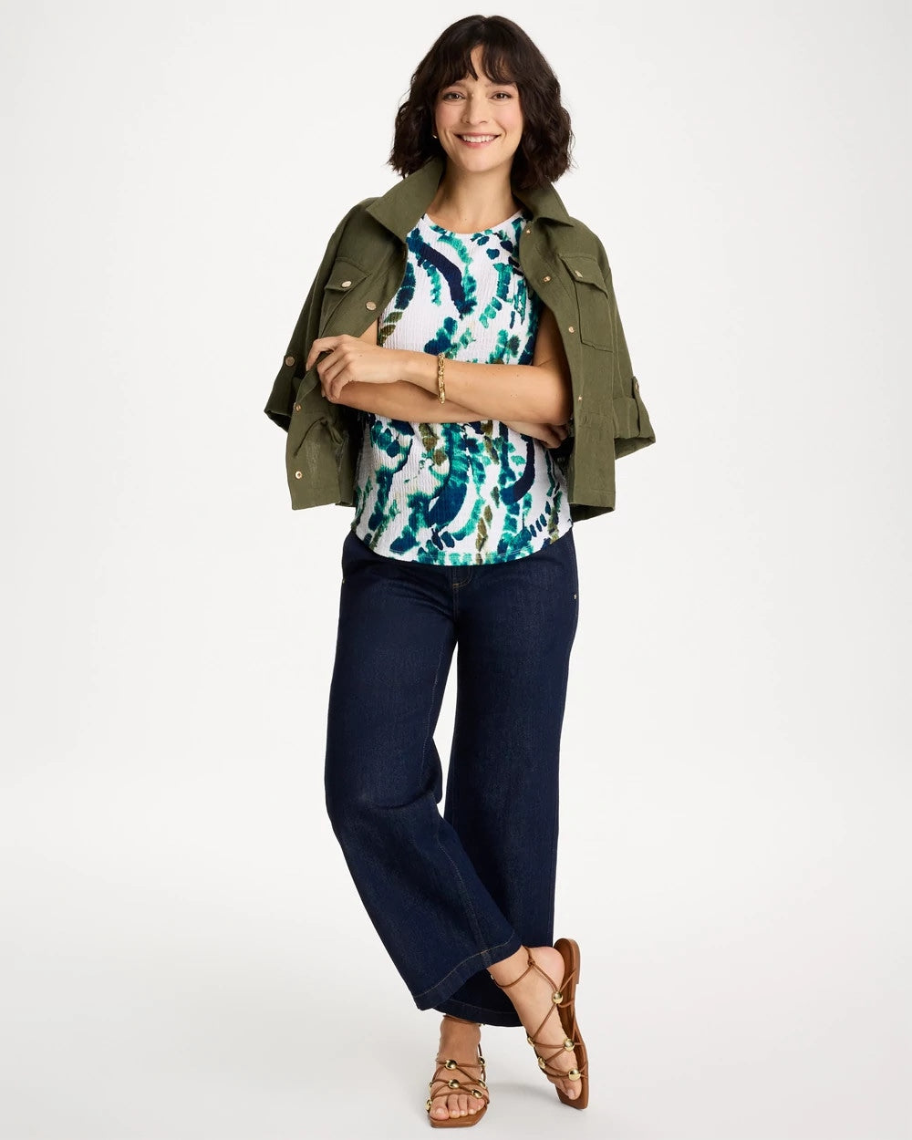 Printed Textured Knit Cap Sleeve Tee Topanga Green - Chico's