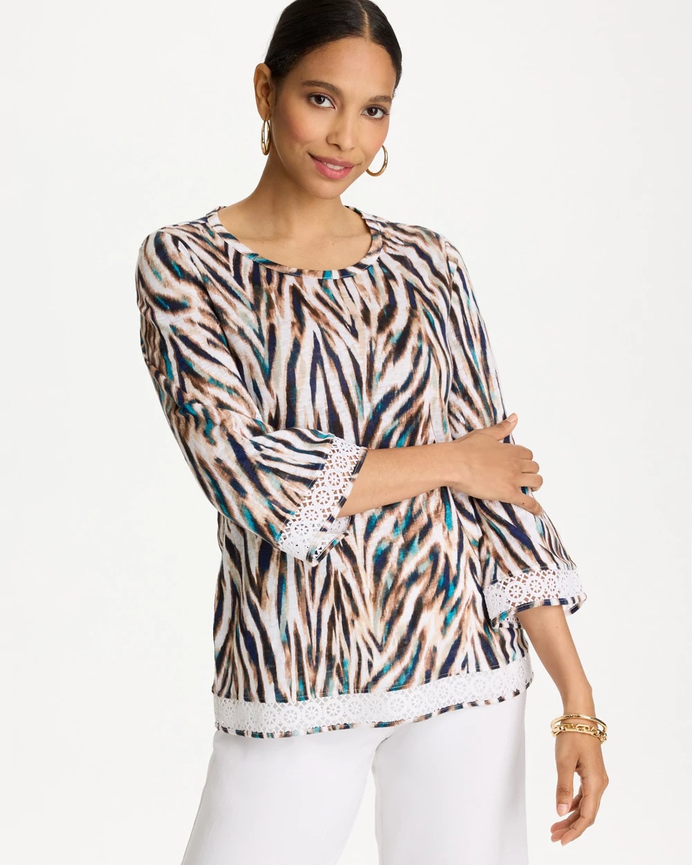 Tiger Linen Crochet Lace Tee Lagoon Blue - Chico's