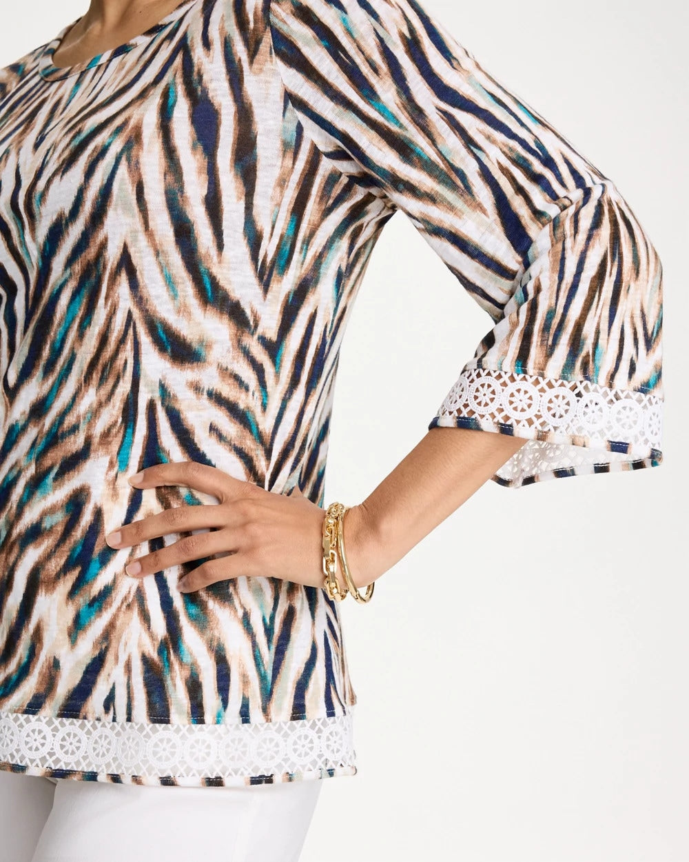 Tiger Linen Crochet Lace Tee Lagoon Blue - Chico's