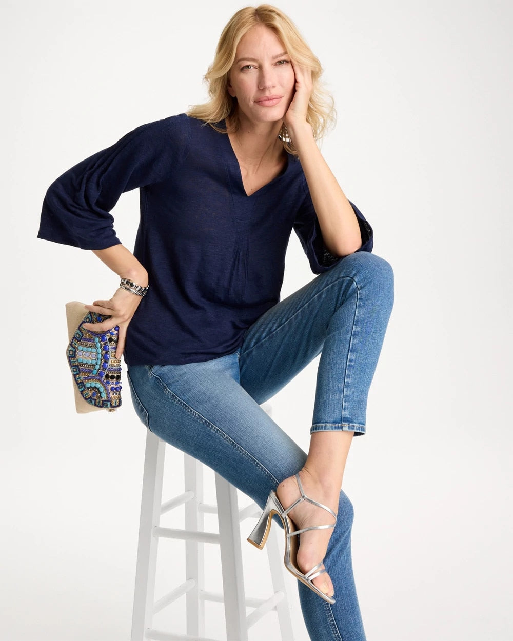 Linen Pleated Pintuck Tee Passport Blue - Chico's