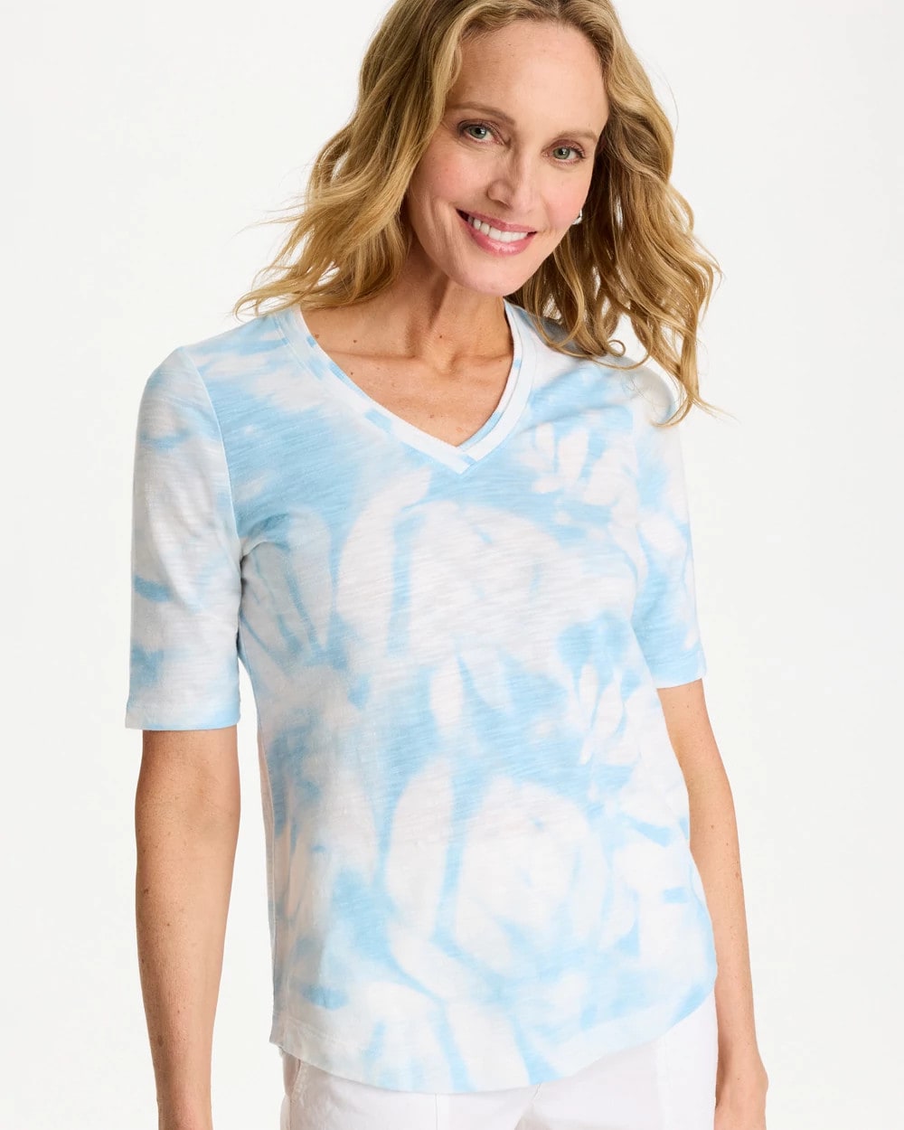 Tie-Dye Palm Cotton Slub V-Neck Tee Blue Haven - Chico's