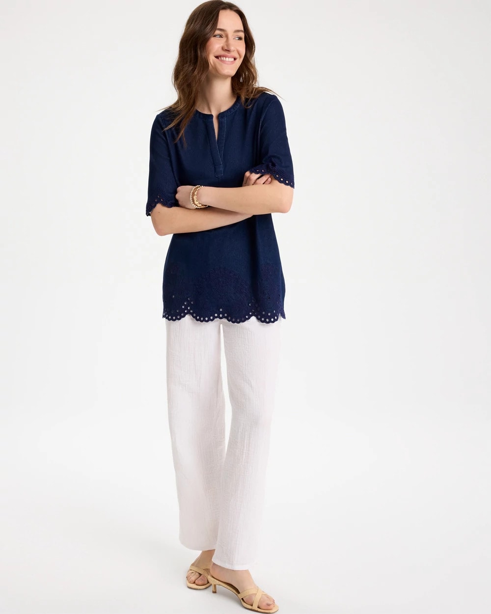 Embroidered Cotton-Blend Tunic Dark Wash - Chico's