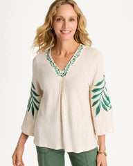 Linen Palm Embroidered Pleated Tee Natural Cream - Chico's
