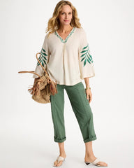 Linen Palm Embroidered Pleated Tee Natural Cream - Chico's