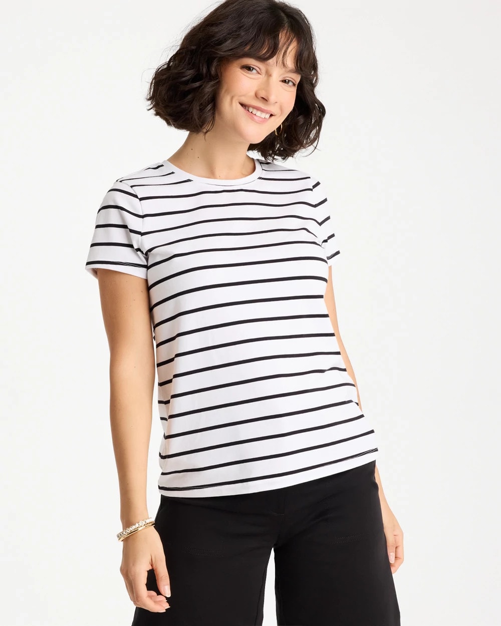 Striped Cotton Stretch Cap-Sleeve Tee Black - Chico's
