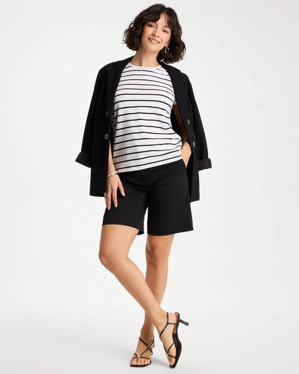 Striped Cotton Stretch Cap-Sleeve Tee Black - Chico's