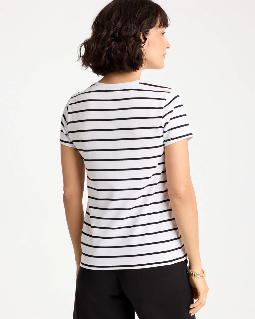 Striped Cotton Stretch Cap-Sleeve Tee Black - Chico's