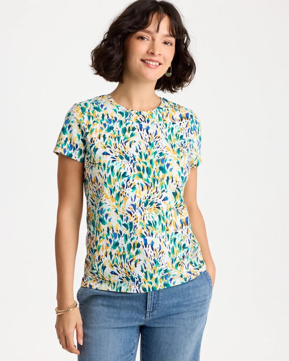 Printed Cotton Stretch Cap-Sleeve Tee Alabaster - Chico's