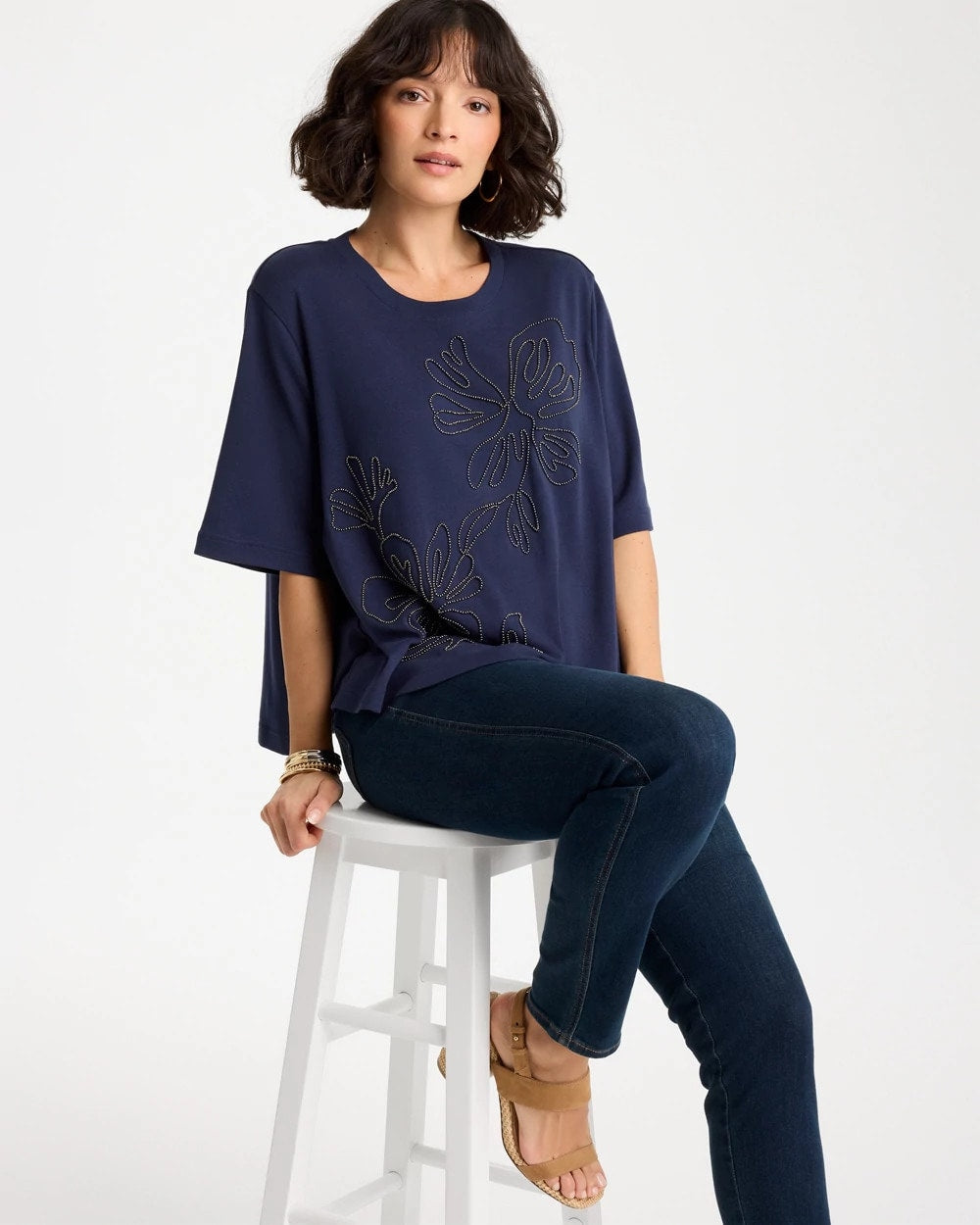 Caviar Beaded Cotton Tee Passport Blue - Chico's