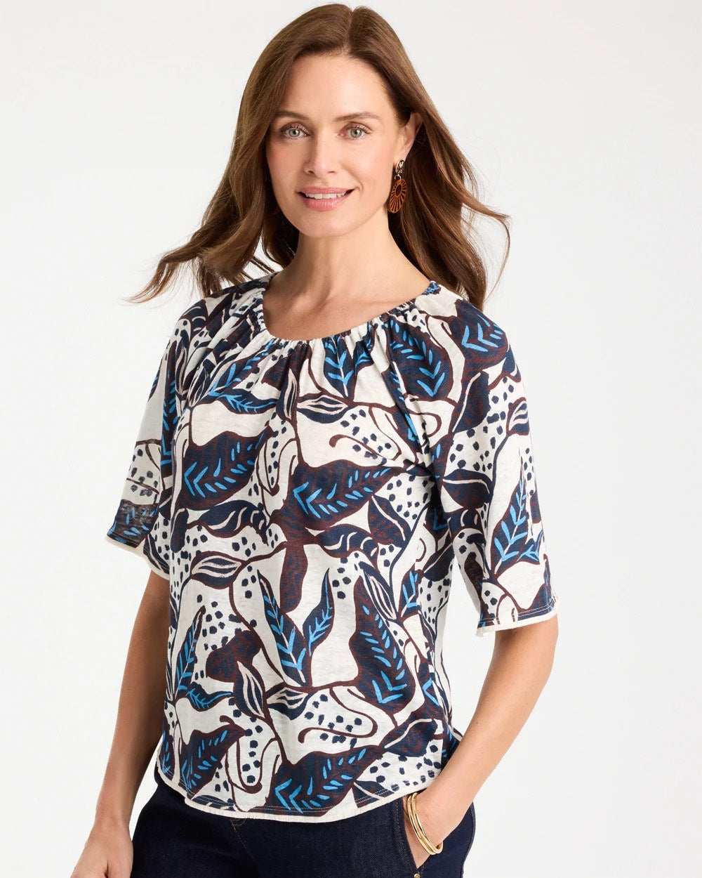 Printed Linen Fringed Tee Passport Blue - Chico's