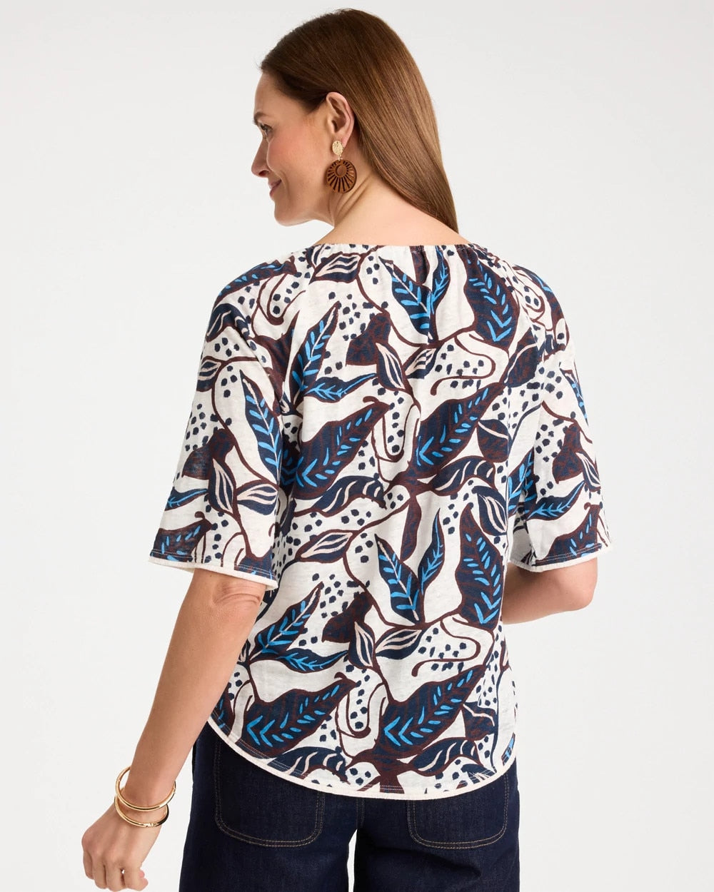 Printed Linen Fringed Tee Passport Blue - Chico's