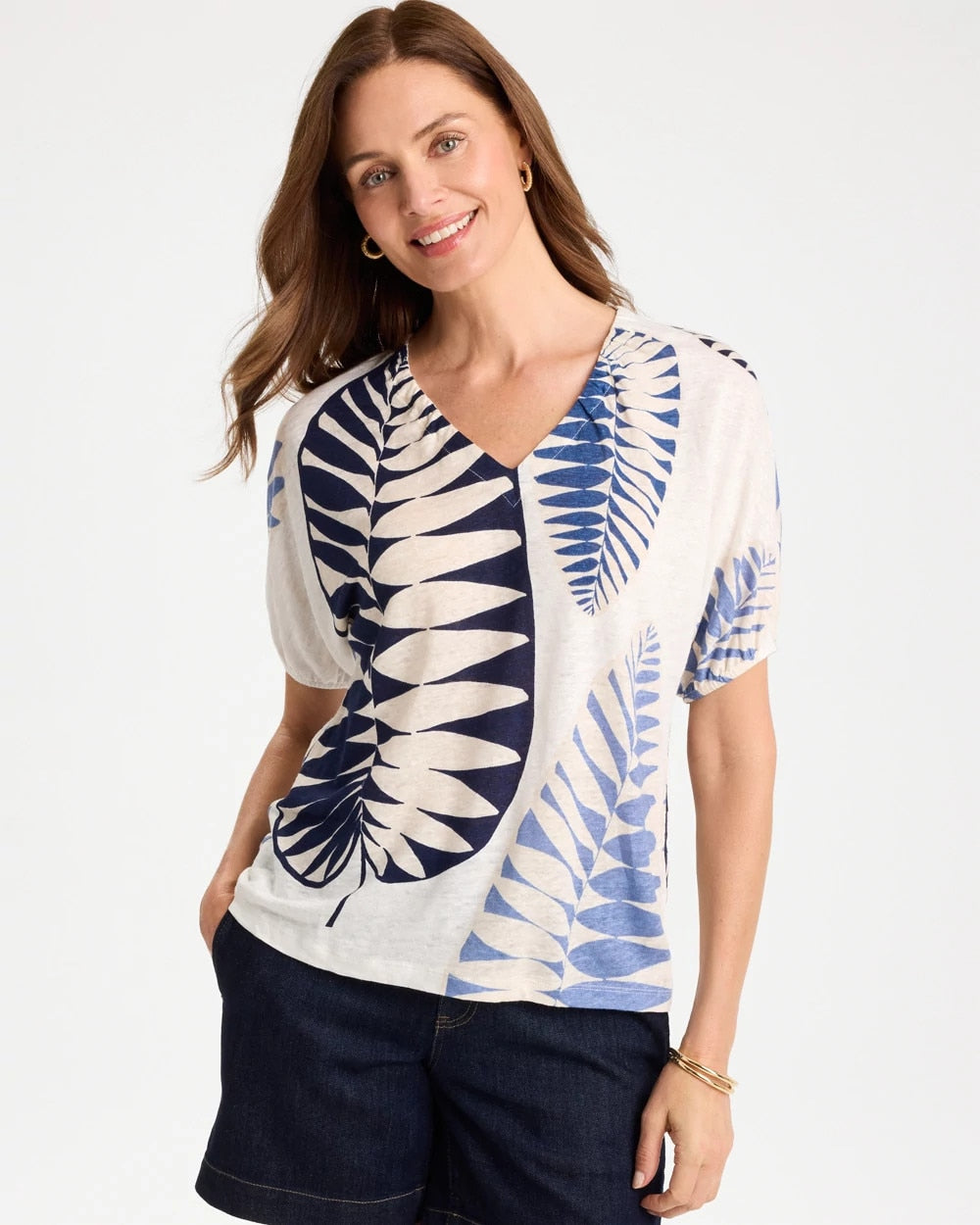 Leaf Print Linen Ruched V-Neck Tee Passport Blue - Chico's