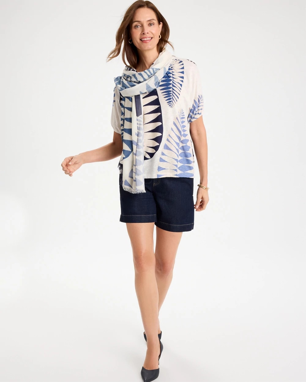 Leaf Print Linen Ruched V-Neck Tee Passport Blue - Chico's