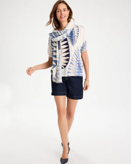 Leaf Print Linen Ruched V-Neck Tee Passport Blue - Chico's