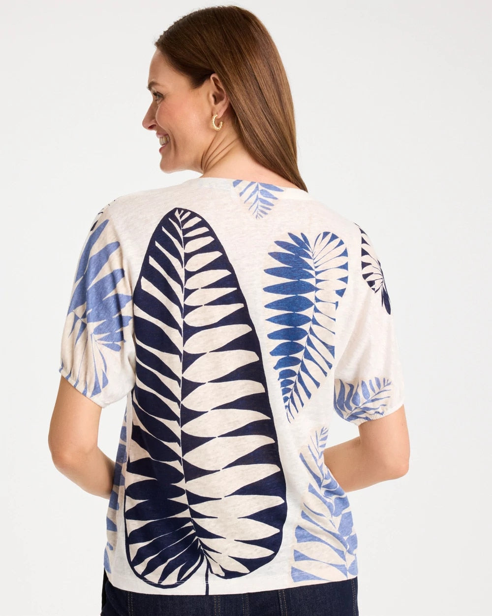 Leaf Print Linen Ruched V-Neck Tee Passport Blue - Chico's