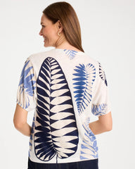 Leaf Print Linen Ruched V-Neck Tee Passport Blue - Chico's