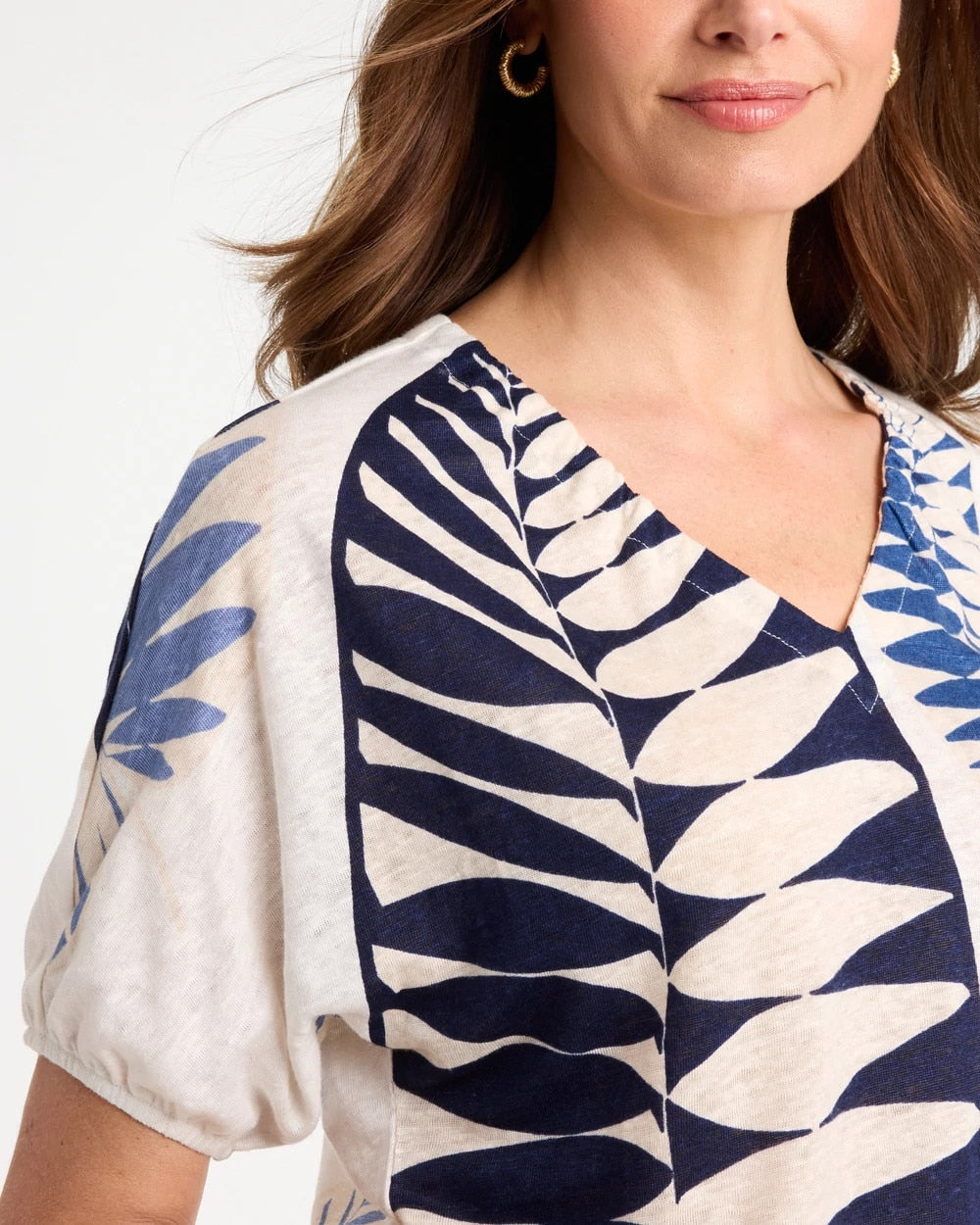 Leaf Print Linen Ruched V-Neck Tee Passport Blue - Chico's