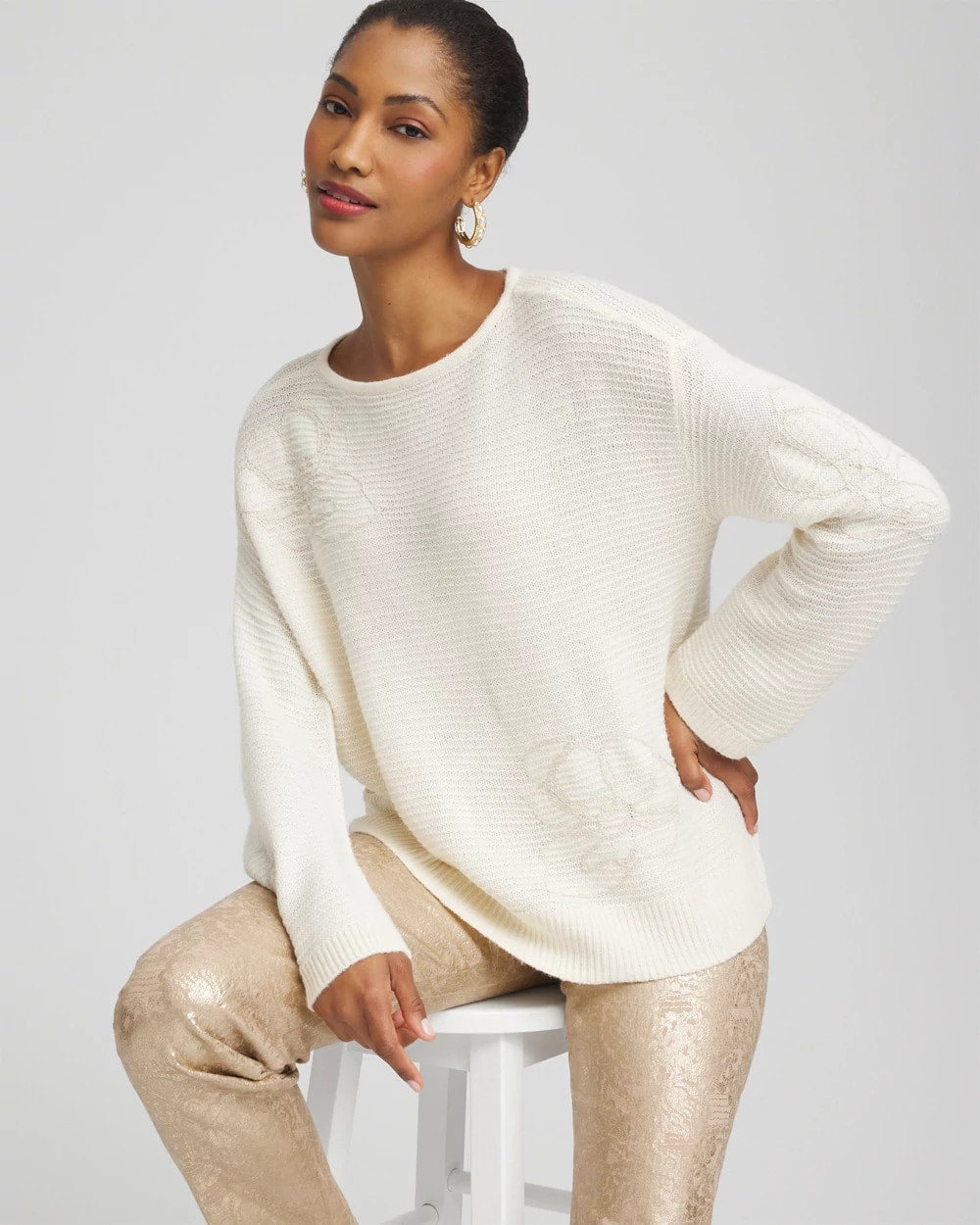 Tonal Embroidered Boatneck Pullover Sweater English Cream - Chico's