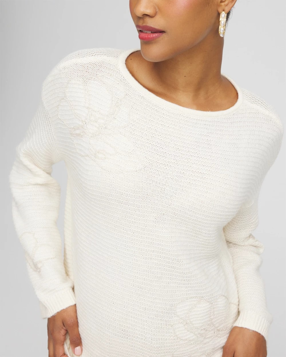 Tonal Embroidered Boatneck Pullover Sweater English Cream - Chico's