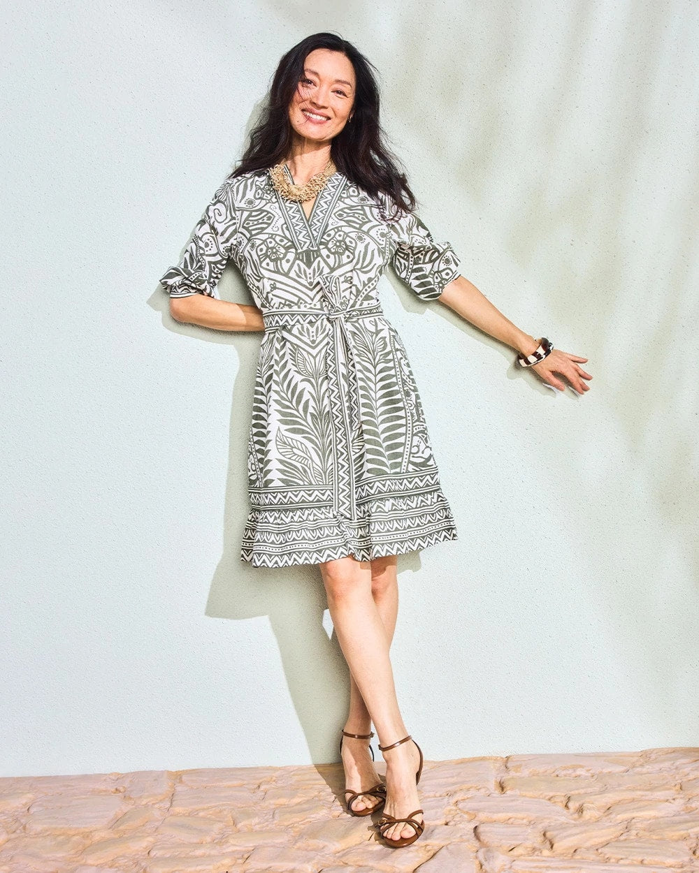 Printed Cotton-Linen Belted Dress Kelp Forest - Chico's