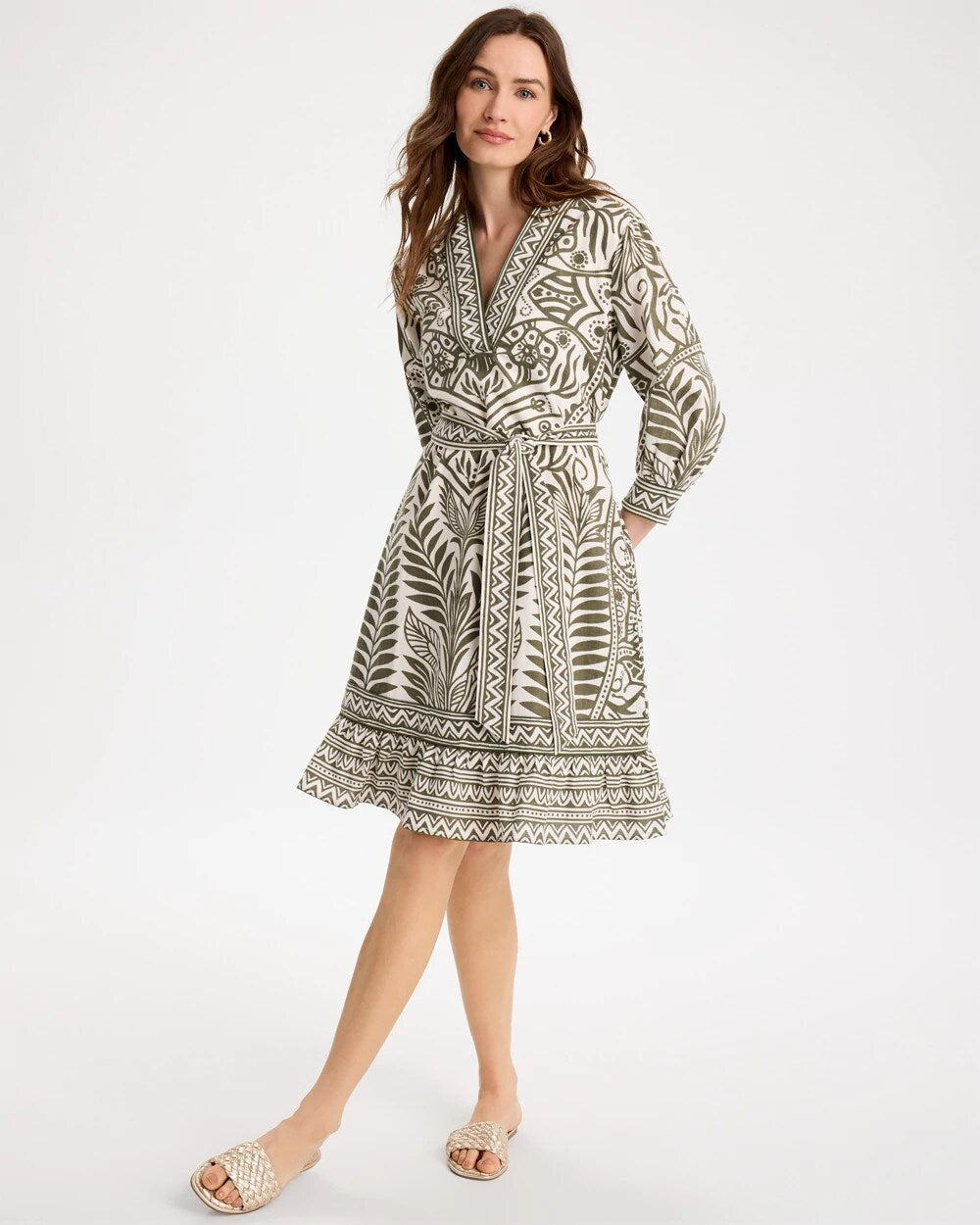 Printed Cotton-Linen Belted Dress Kelp Forest - Chico's