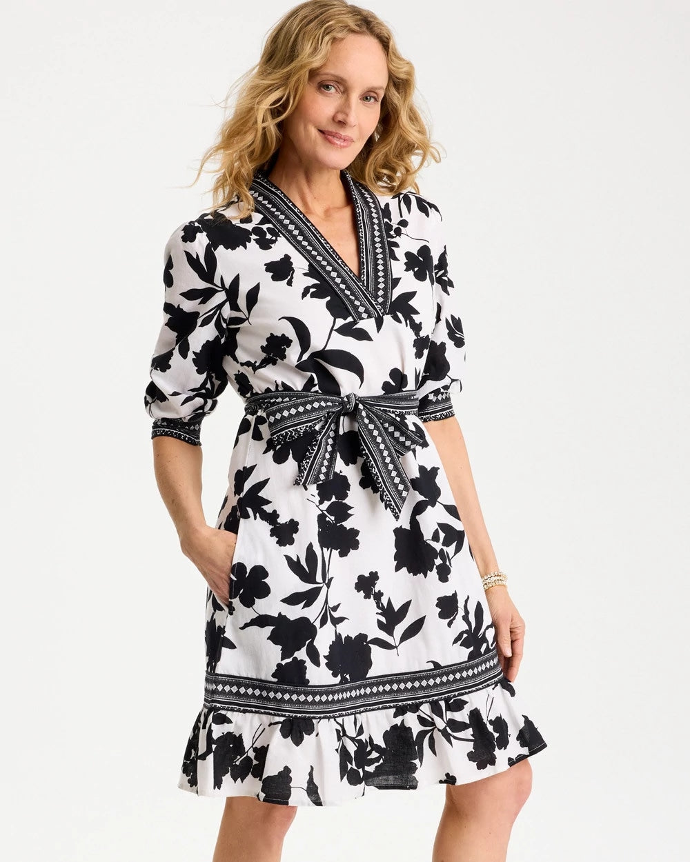 Floral Cotton-Linen Belted Dress Black - Chico's
