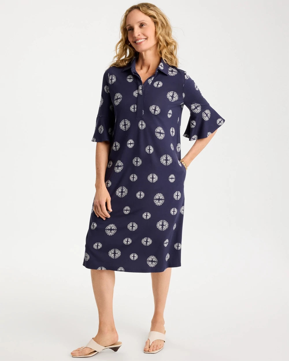 Printed Ponte Flounce Sleeve Dress Passport Blue - Chico's