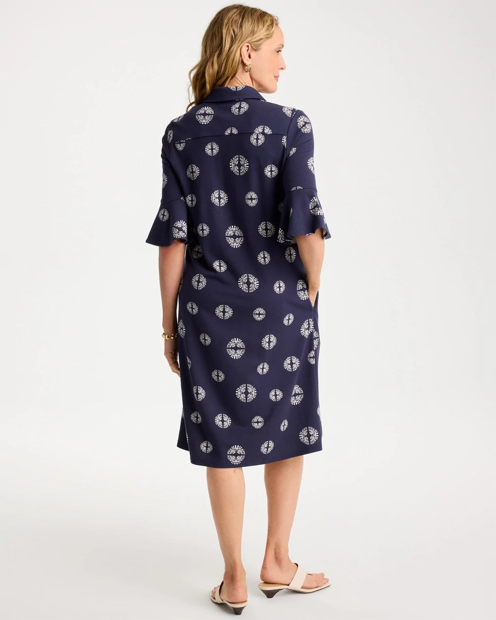 Printed Ponte Flounce Sleeve Dress Passport Blue - Chico's