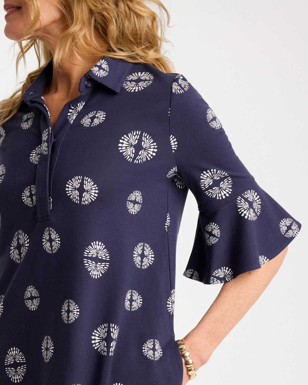 Printed Ponte Flounce Sleeve Dress Passport Blue - Chico's