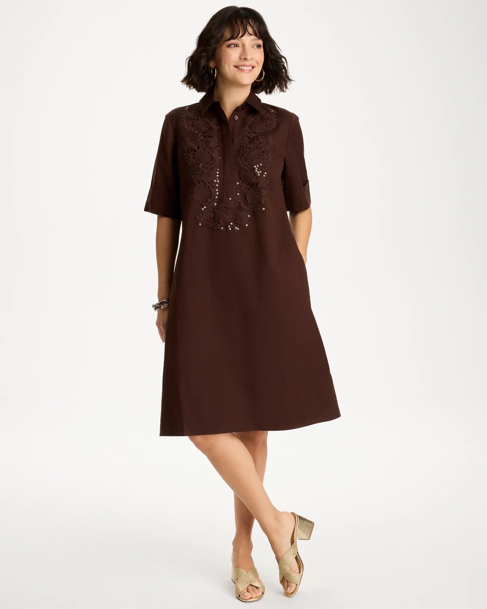 Embellished Linen Popover Dress Deep Brown - Chico's