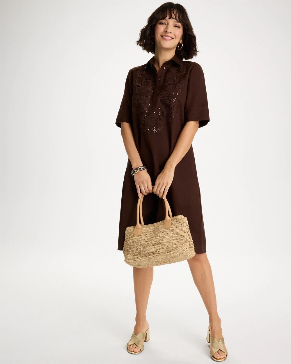 Embellished Linen Popover Dress Deep Brown - Chico's