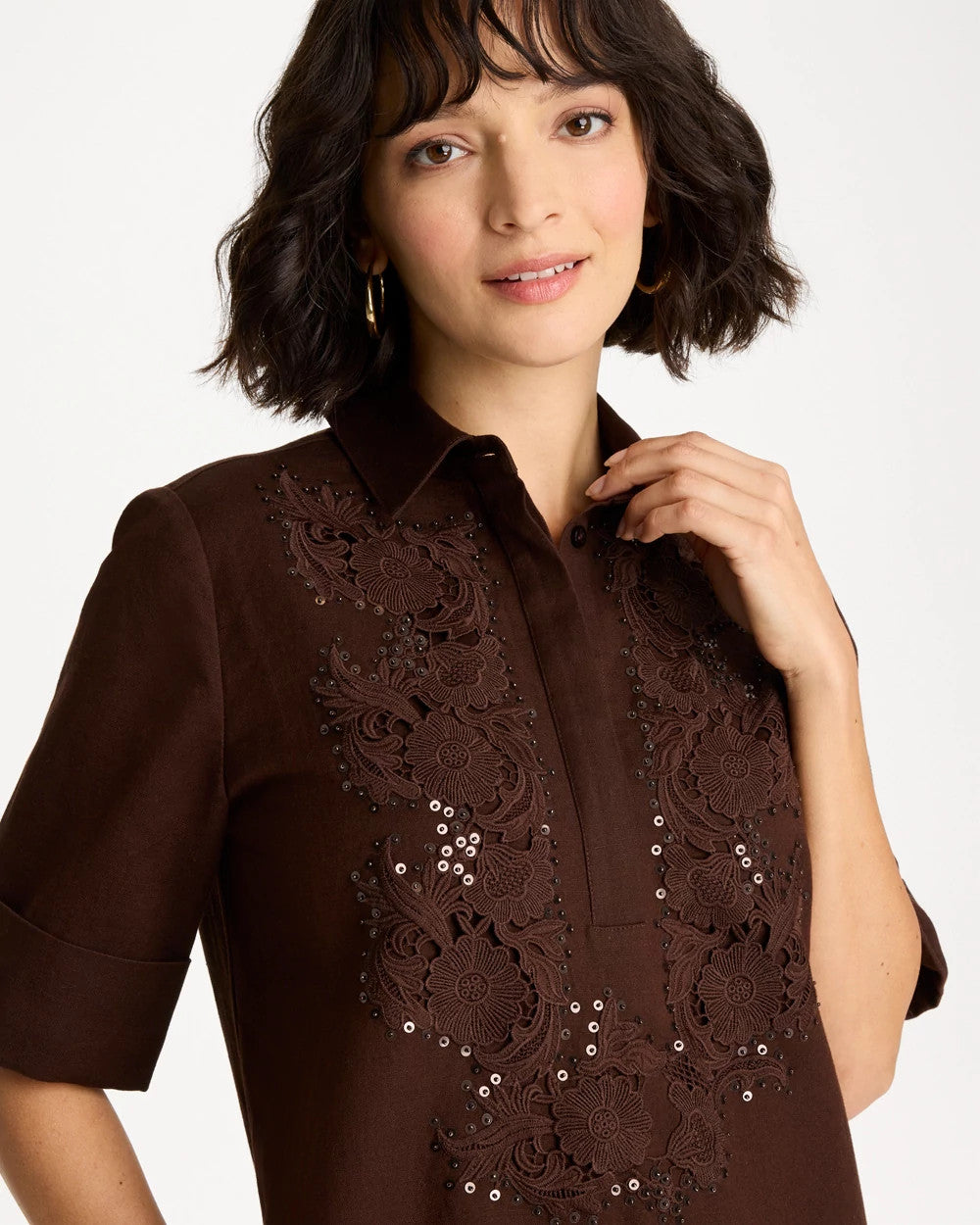 Embellished Linen Popover Dress Deep Brown - Chico's