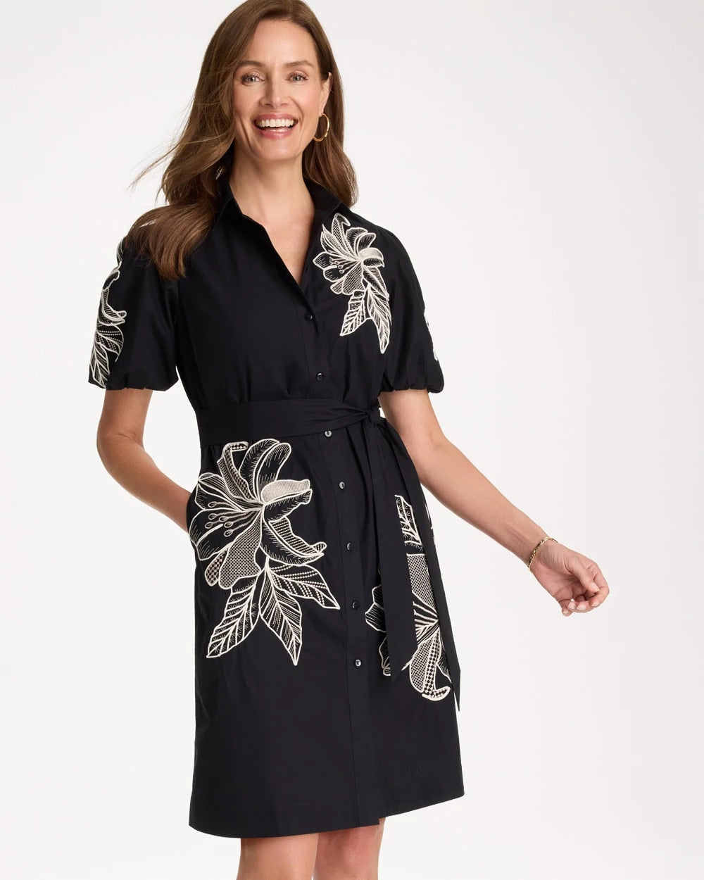Embroidered Poplin Cotton Belted Dress Black - Chico's